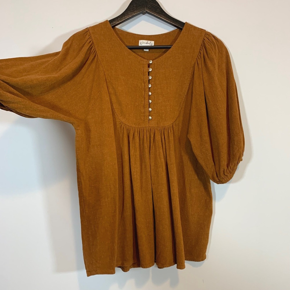 Wonderly Womens Rust Orange Puff Sleeve Button Front Peasant Blouse Top Small